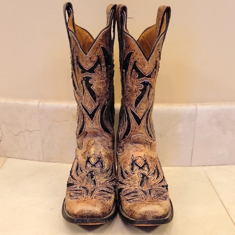 Corral Women's Western Cowboy Boots Black and Tan Leather, 7.5 - Picture 11 of 16